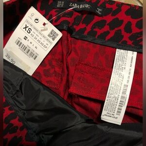 ZARA Red & Black Cheetah/Animal Print Pants w/SILVER Side Zip Ring NWT!